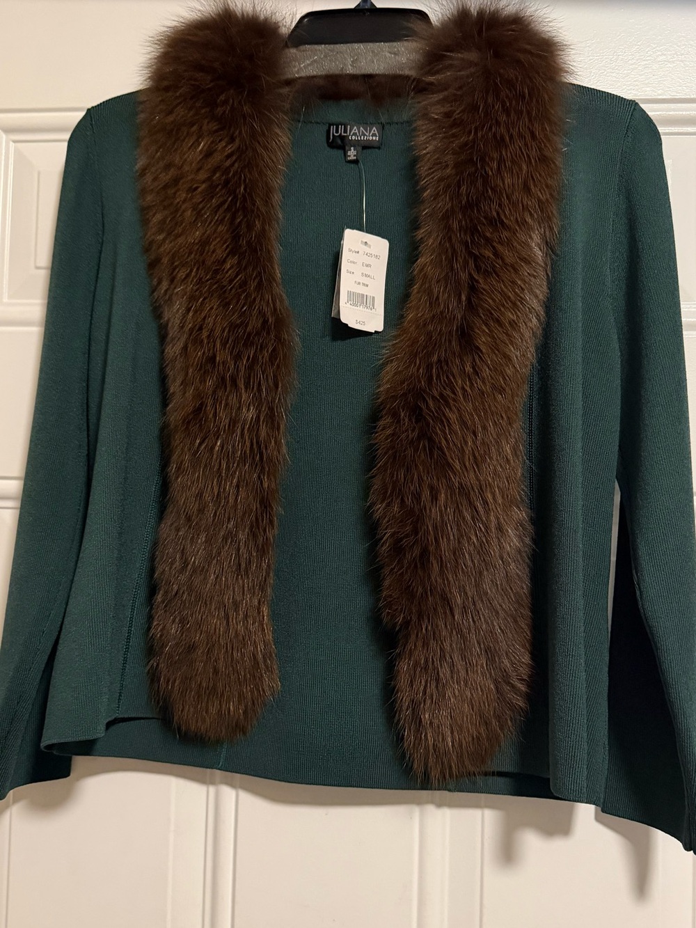 Juliana Dark Green Open-Front Sweater with Brown Fur Trim